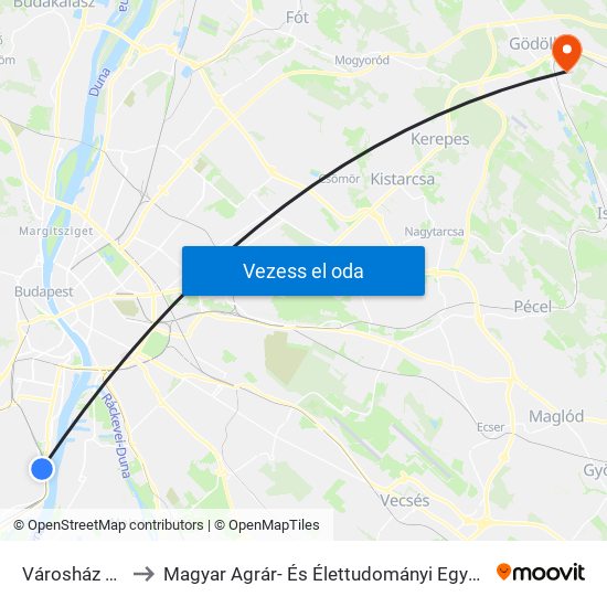 Városház Tér to Magyar Agrár- És Élettudományi Egyetem map