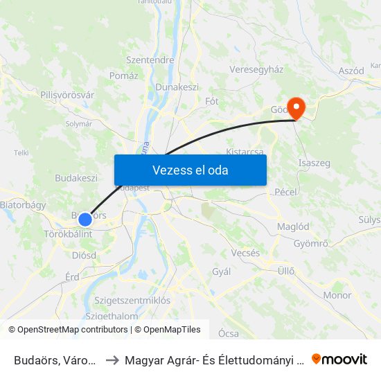 Budaörs, Városháza to Magyar Agrár- És Élettudományi Egyetem map