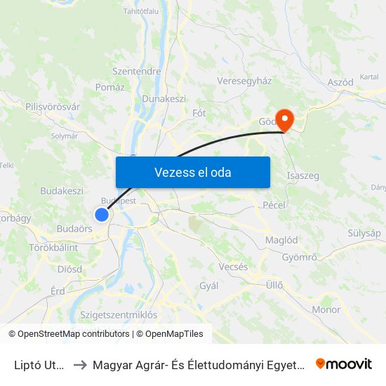 Liptó Utca to Magyar Agrár- És Élettudományi Egyetem map
