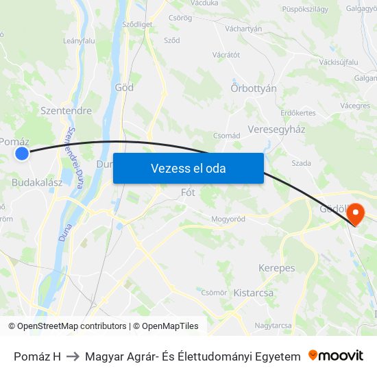 Pomáz H to Magyar Agrár- És Élettudományi Egyetem map