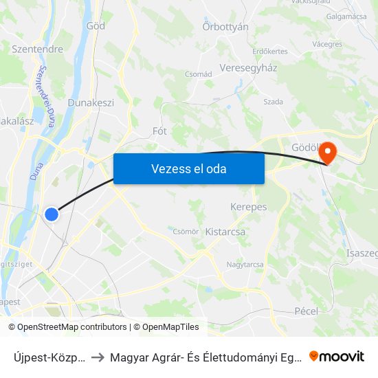 Újpest-Központ to Magyar Agrár- És Élettudományi Egyetem map