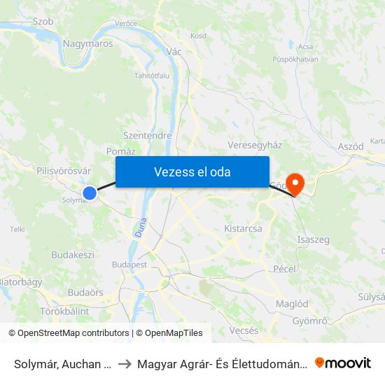 Solymár, Auchan Áruház to Magyar Agrár- És Élettudományi Egyetem map