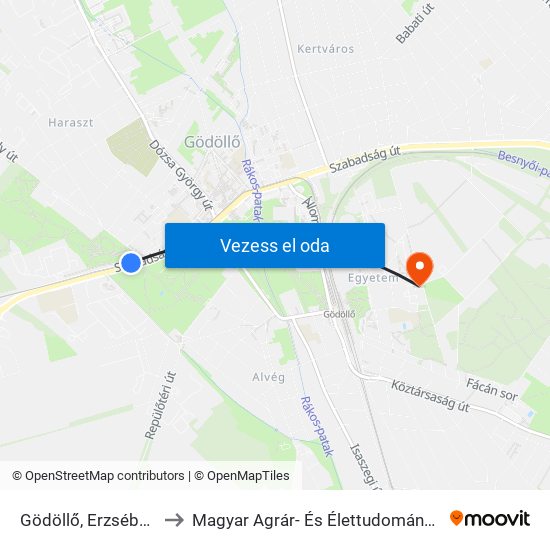 Gödöllő, Erzsébet Park to Magyar Agrár- És Élettudományi Egyetem map