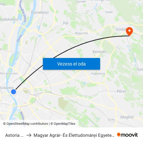 Astoria M to Magyar Agrár- És Élettudományi Egyetem map