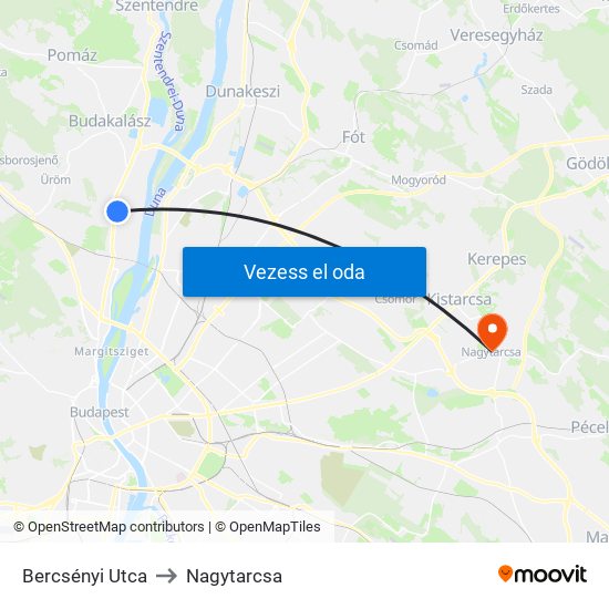 Bercsényi Utca to Nagytarcsa map