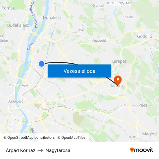 Árpád Kórház to Nagytarcsa map