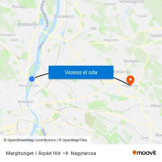 Margitsziget / Árpád Híd to Nagytarcsa map