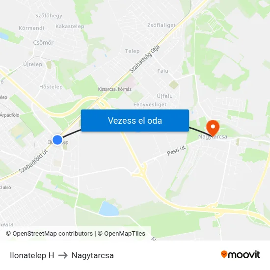 Ilonatelep H to Nagytarcsa map