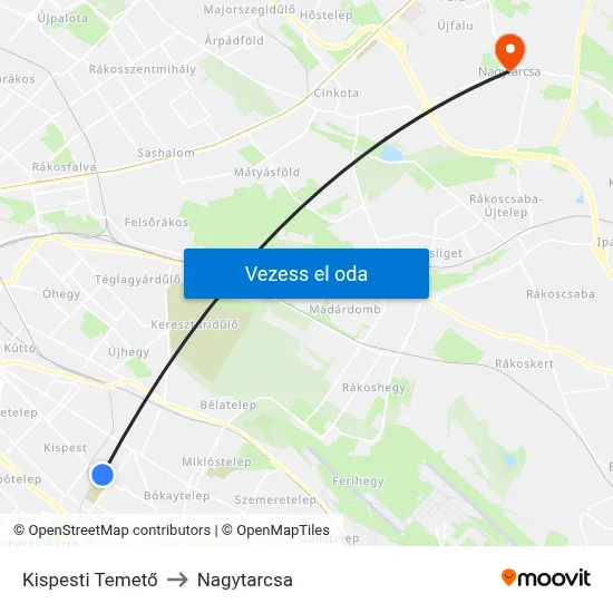 Kispesti Temető to Nagytarcsa map