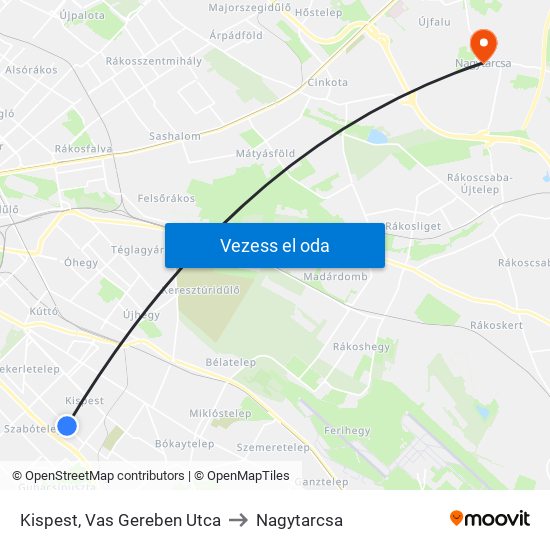 Kispest, Vas Gereben Utca to Nagytarcsa map