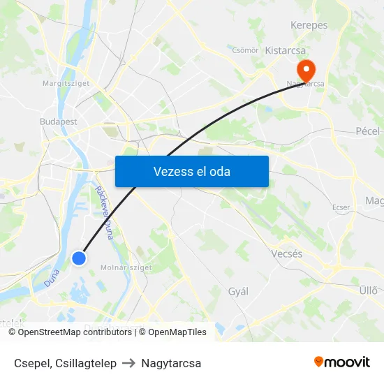 Csepel, Csillagtelep to Nagytarcsa map