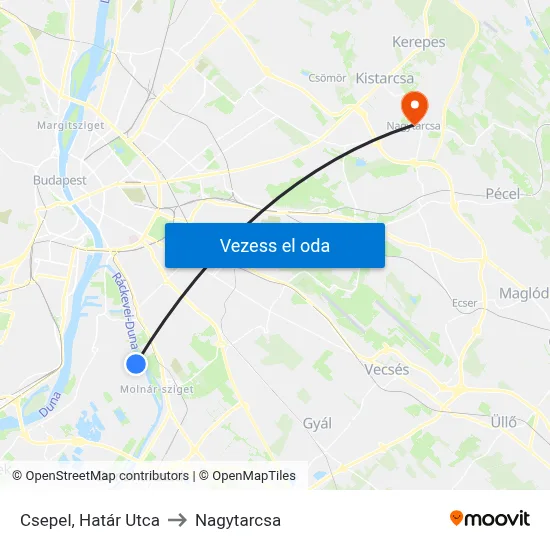 Csepel, Határ Utca to Nagytarcsa map