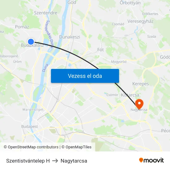 Szentistvántelep H to Nagytarcsa map