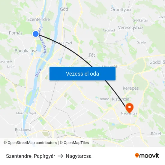 Szentendre, Papírgyár to Nagytarcsa map