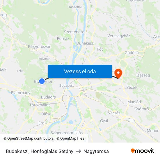 Budakeszi, Honfoglalás Sétány to Nagytarcsa map