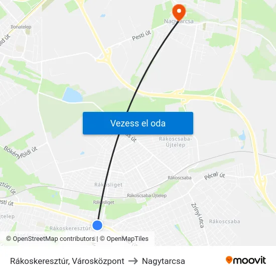 Rákoskeresztúr, Városközpont to Nagytarcsa map