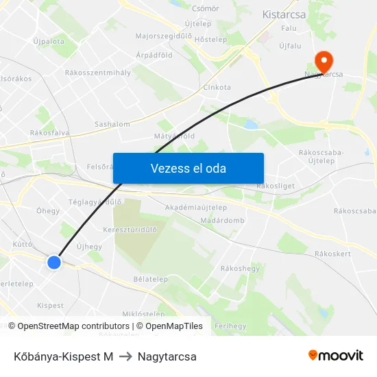 Kőbánya-Kispest M to Nagytarcsa map