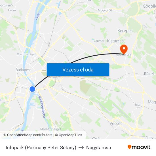 Infopark (Pázmány Péter Sétány) to Nagytarcsa map