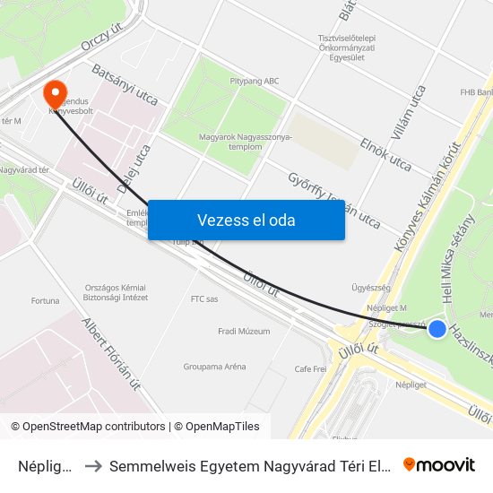 Népliget M to Semmelweis Egyetem Nagyvárad Téri Elméleti Tömb map