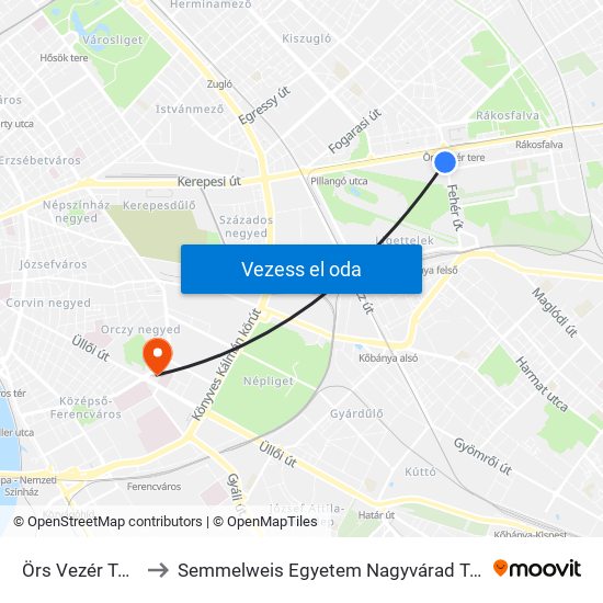 Örs Vezér Tere M+H to Semmelweis Egyetem Nagyvárad Téri Elméleti Tömb map