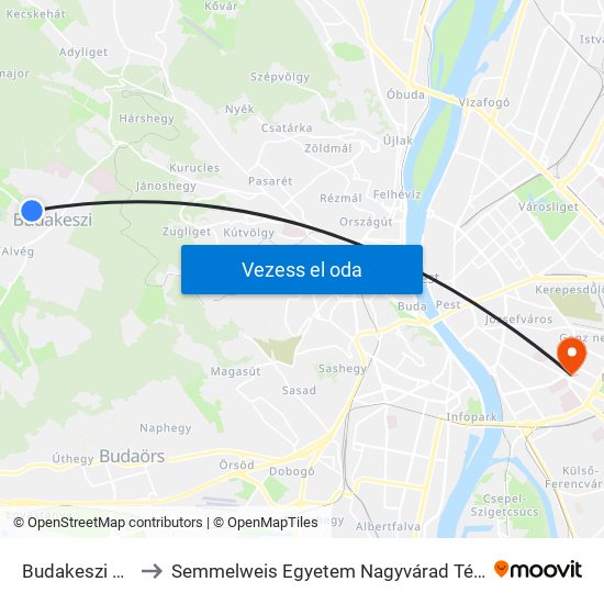 Budakeszi Temető to Semmelweis Egyetem Nagyvárad Téri Elméleti Tömb map