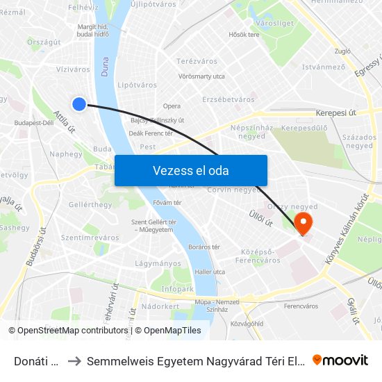 Donáti Utca to Semmelweis Egyetem Nagyvárad Téri Elméleti Tömb map