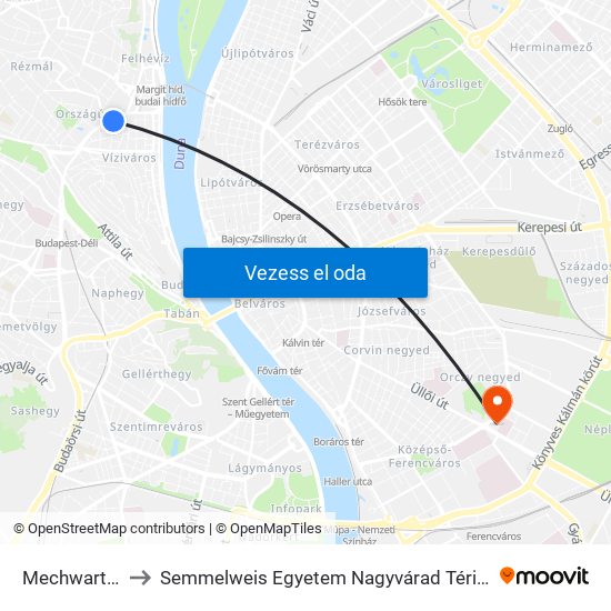 Mechwart Liget to Semmelweis Egyetem Nagyvárad Téri Elméleti Tömb map