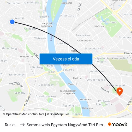Ruszti Út to Semmelweis Egyetem Nagyvárad Téri Elméleti Tömb map