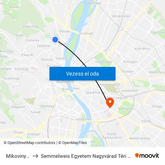 Mikoviny Utca to Semmelweis Egyetem Nagyvárad Téri Elméleti Tömb map