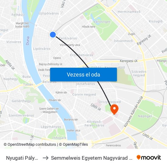 Nyugati Pályaudvar M to Semmelweis Egyetem Nagyvárad Téri Elméleti Tömb map