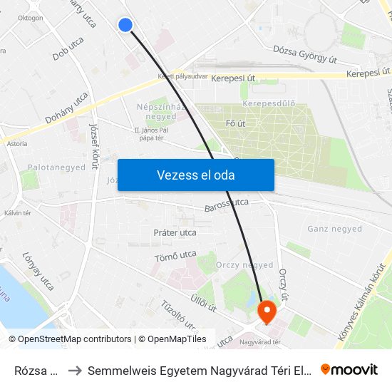 Rózsa Utca to Semmelweis Egyetem Nagyvárad Téri Elméleti Tömb map