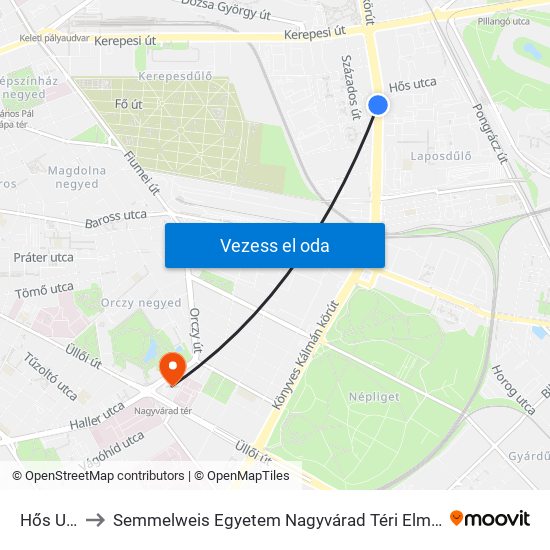 Hős Utca to Semmelweis Egyetem Nagyvárad Téri Elméleti Tömb map