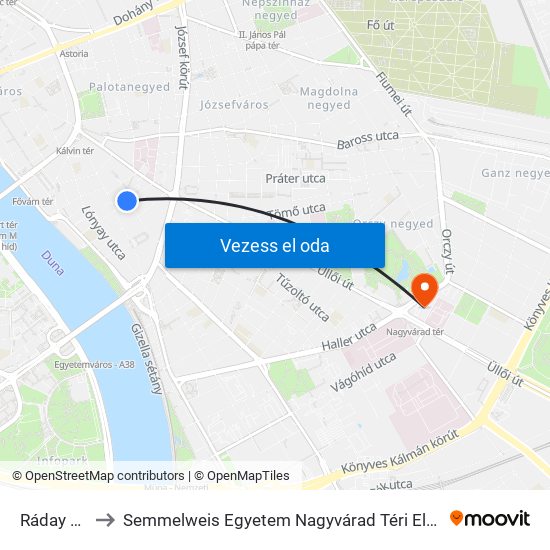 Ráday Utca to Semmelweis Egyetem Nagyvárad Téri Elméleti Tömb map