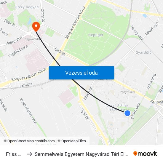 Friss Utca to Semmelweis Egyetem Nagyvárad Téri Elméleti Tömb map