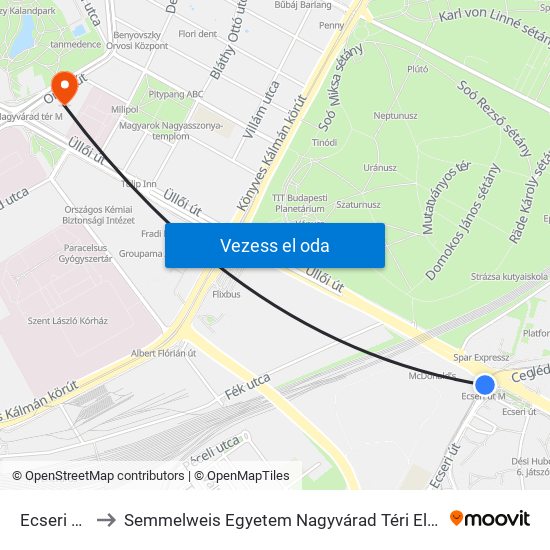 Ecseri Út M to Semmelweis Egyetem Nagyvárad Téri Elméleti Tömb map