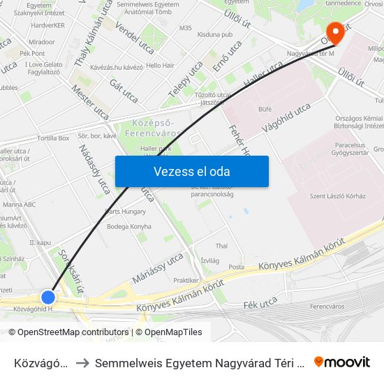 Közvágóhíd H to Semmelweis Egyetem Nagyvárad Téri Elméleti Tömb map