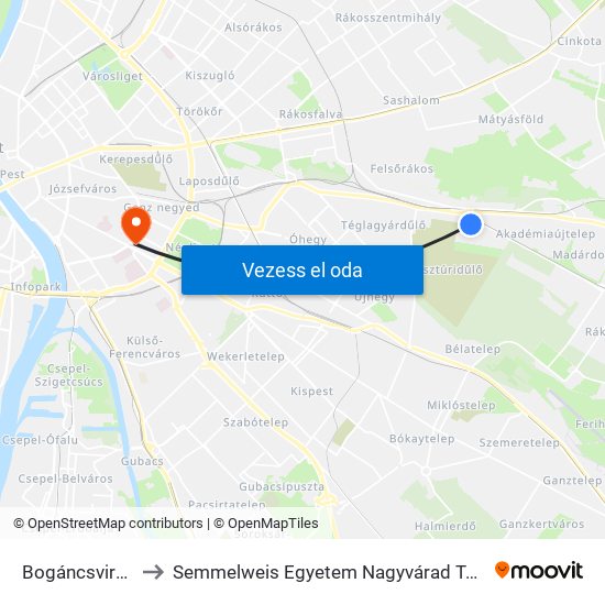 Bogáncsvirág Utca to Semmelweis Egyetem Nagyvárad Téri Elméleti Tömb map
