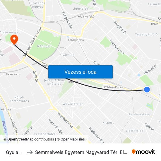 Gyula Utca to Semmelweis Egyetem Nagyvárad Téri Elméleti Tömb map