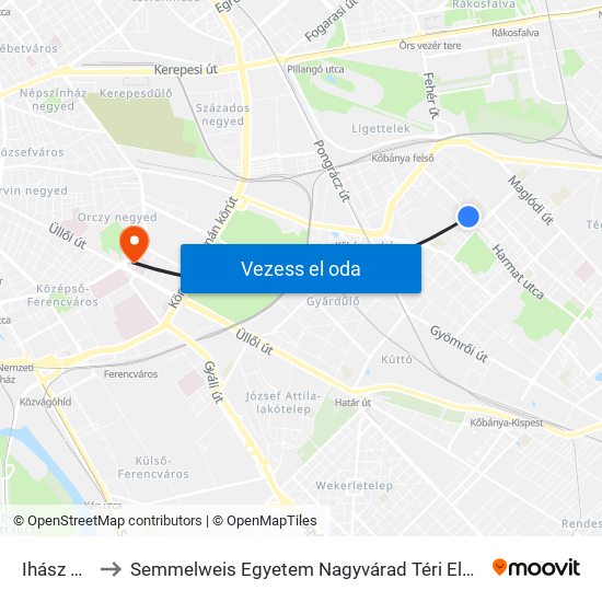 Ihász Utca to Semmelweis Egyetem Nagyvárad Téri Elméleti Tömb map