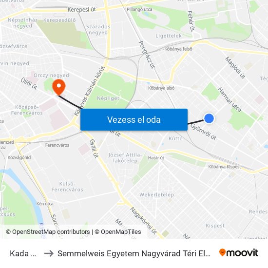Kada Utca to Semmelweis Egyetem Nagyvárad Téri Elméleti Tömb map