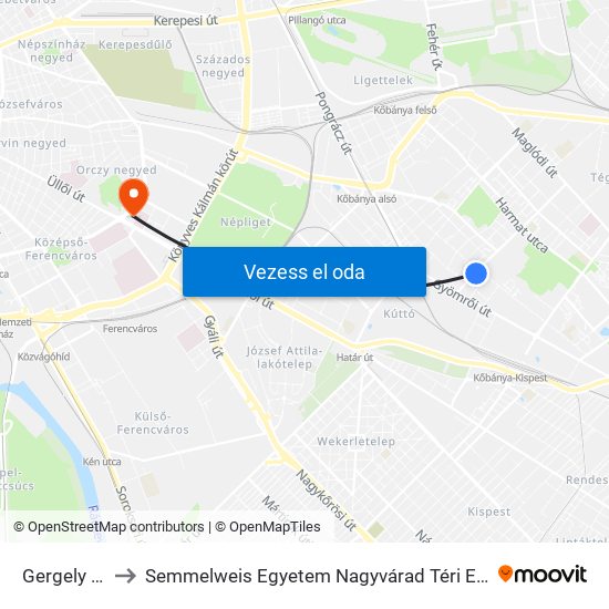 Gergely Utca to Semmelweis Egyetem Nagyvárad Téri Elméleti Tömb map