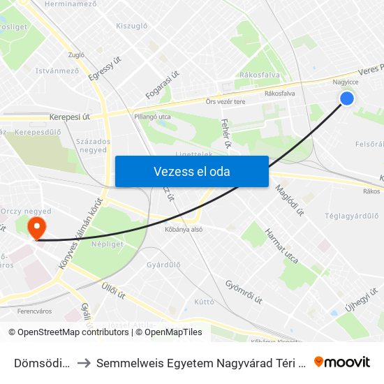 Dömsödi Utca to Semmelweis Egyetem Nagyvárad Téri Elméleti Tömb map