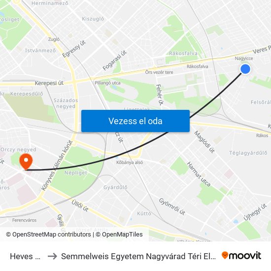 Heves Utca to Semmelweis Egyetem Nagyvárad Téri Elméleti Tömb map