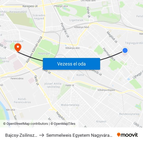 Bajcsy-Zsilinszky Kórház to Semmelweis Egyetem Nagyvárad Téri Elméleti Tömb map