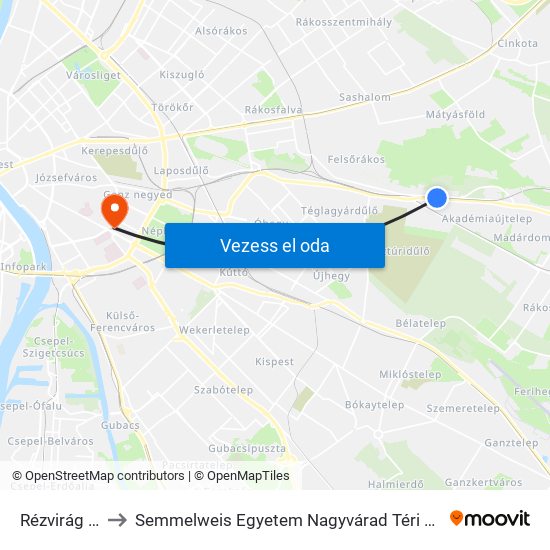 Rézvirág Utca to Semmelweis Egyetem Nagyvárad Téri Elméleti Tömb map