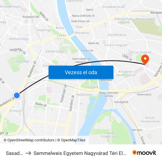 Sasadi Út to Semmelweis Egyetem Nagyvárad Téri Elméleti Tömb map