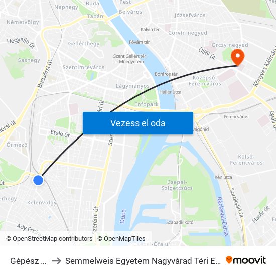 Gépész Utca to Semmelweis Egyetem Nagyvárad Téri Elméleti Tömb map