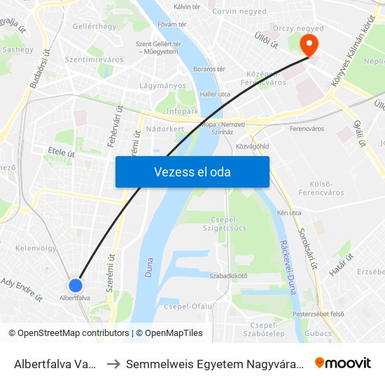 Albertfalva Vasútállomás to Semmelweis Egyetem Nagyvárad Téri Elméleti Tömb map