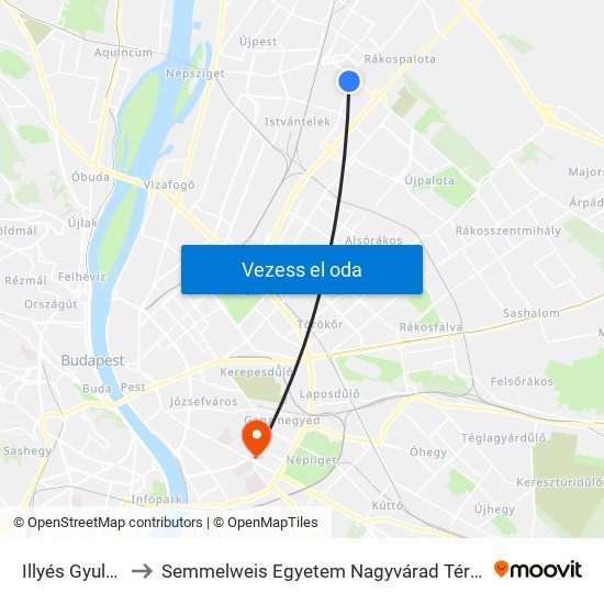 Illyés Gyula Utca to Semmelweis Egyetem Nagyvárad Téri Elméleti Tömb map