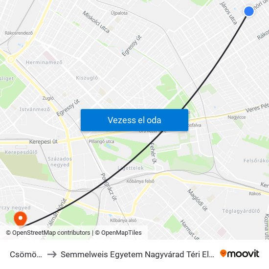Csömöri Út to Semmelweis Egyetem Nagyvárad Téri Elméleti Tömb map